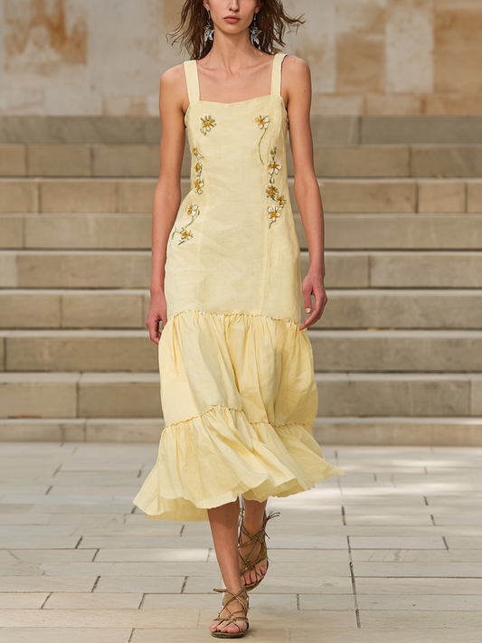 Women's Pastoral Pale Yellow Linen-Cotton Embroidered Square Neck Tiered Maxi Dress