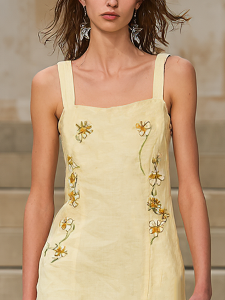 Women's Pastoral Pale Yellow Linen-Cotton Embroidered Square Neck Tiered Maxi Dress
