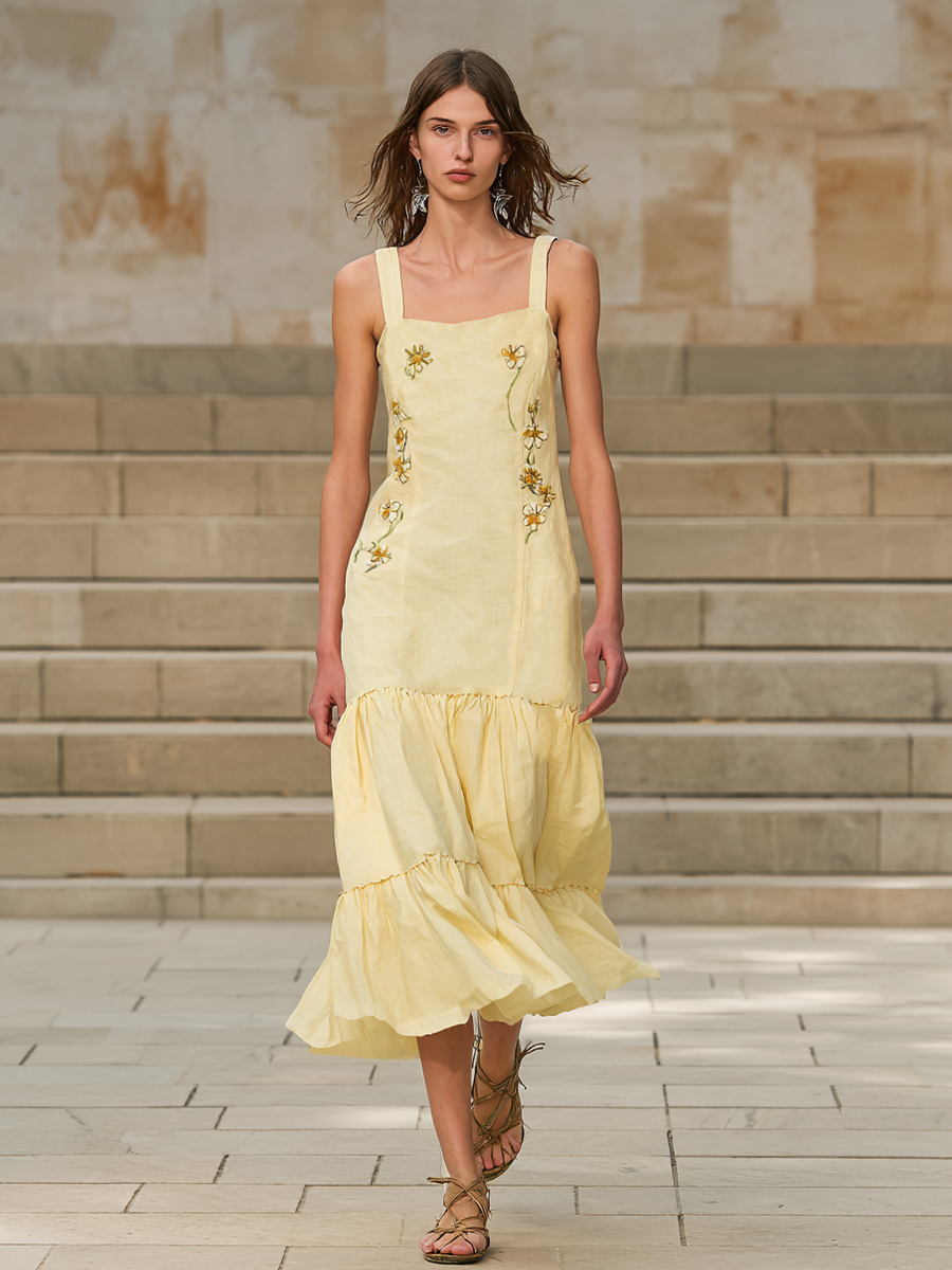 Women's Pastoral Pale Yellow Linen-Cotton Embroidered Square Neck Tiered Maxi Dress