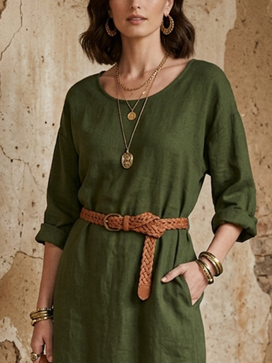 Women’s Casual Olive Green Linen-Cotton Round Neck Side Slit Straight Midi Dress