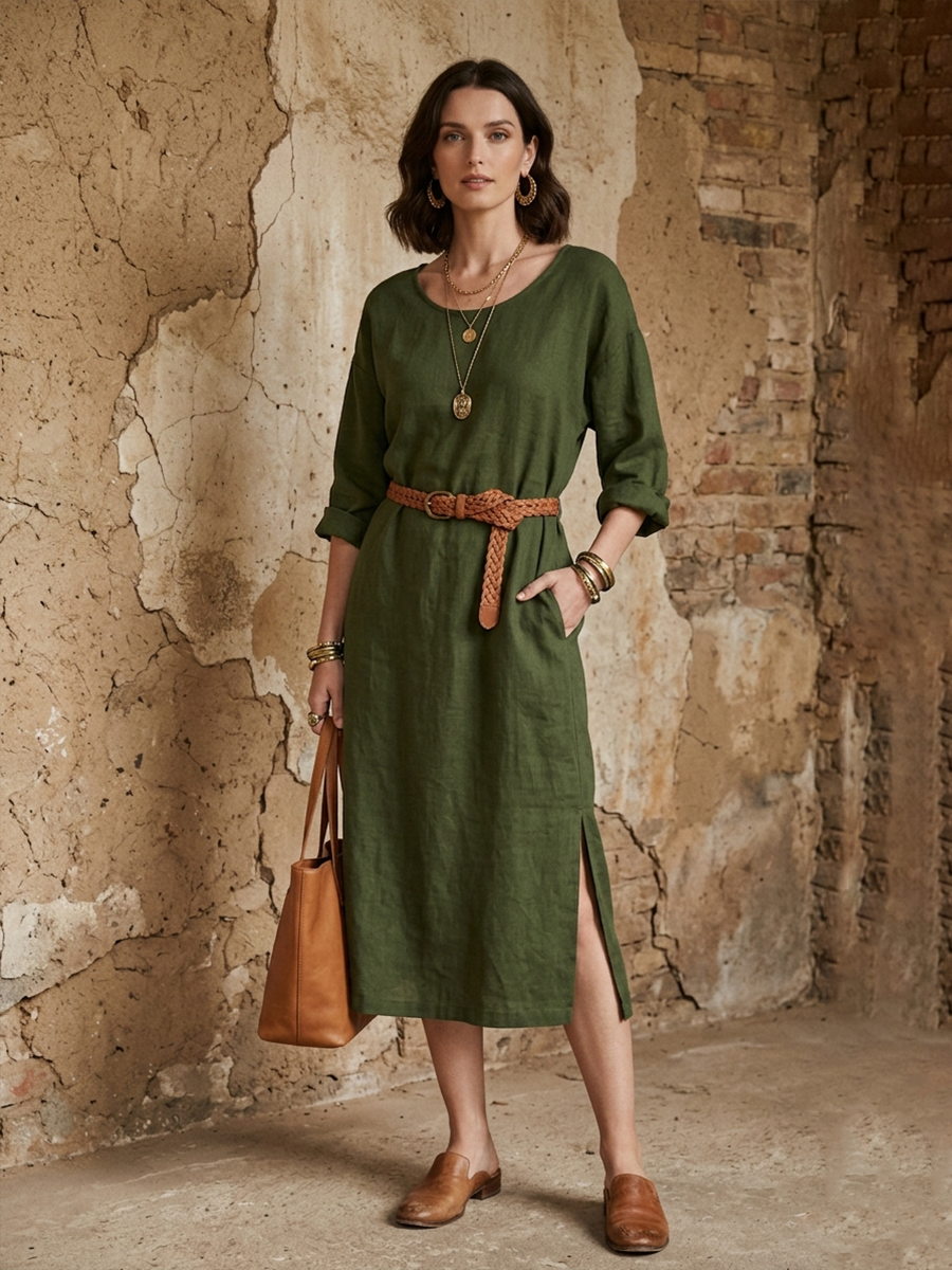Women’s Casual Olive Green Linen-Cotton Round Neck Side Slit Straight Midi Dress
