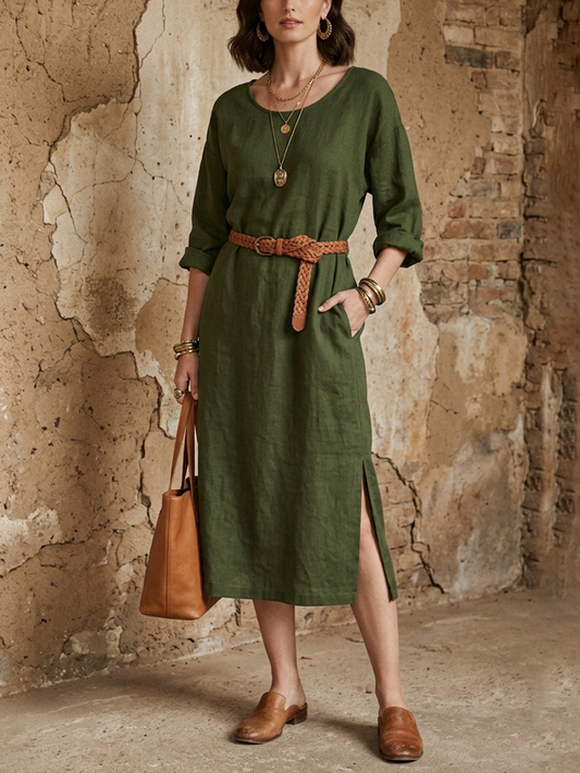 Women’s Casual Olive Green Linen-Cotton Round Neck Side Slit Straight Midi Dress