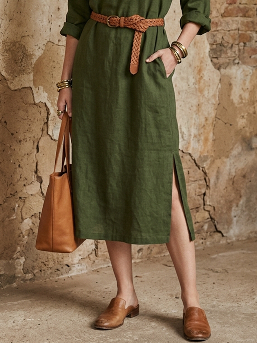 Women’s Casual Olive Green Linen-Cotton Round Neck Side Slit Straight Midi Dress