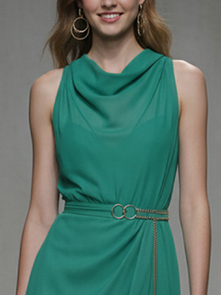 Women's Fashion Emerald Green Chiffon Sleeveless Midi Dress (Belt Not Included)