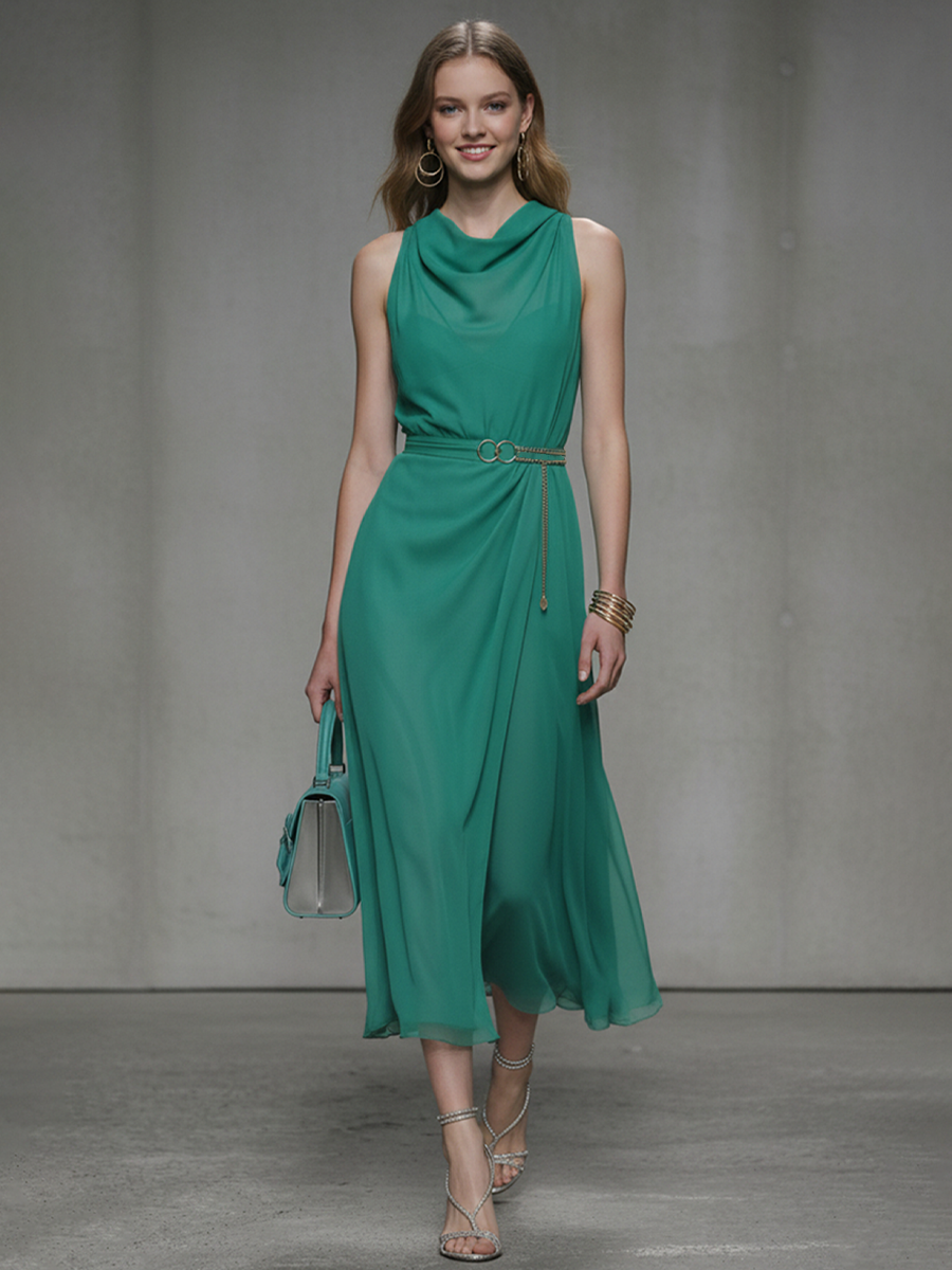 Women's Fashion Emerald Green Chiffon Sleeveless Midi Dress (Belt Not Included)