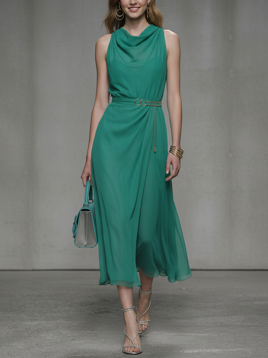 Women's Fashion Emerald Green Chiffon Sleeveless Midi Dress (Belt Not Included)