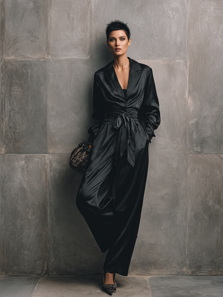 Women's Minimalist Black Satin V-Neck Fitted Waist Belted Wide-Leg Jumpsuit