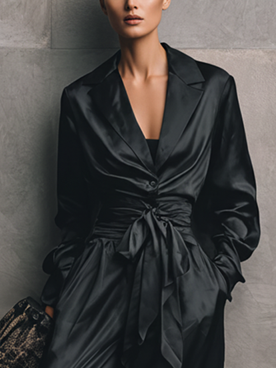 Women's Minimalist Black Satin V-Neck Fitted Waist Belted Wide-Leg Jumpsuit
