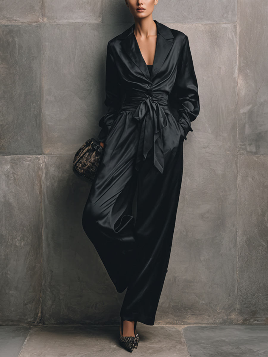 Women's Minimalist Black Satin V-Neck Fitted Waist Belted Wide-Leg Jumpsuit