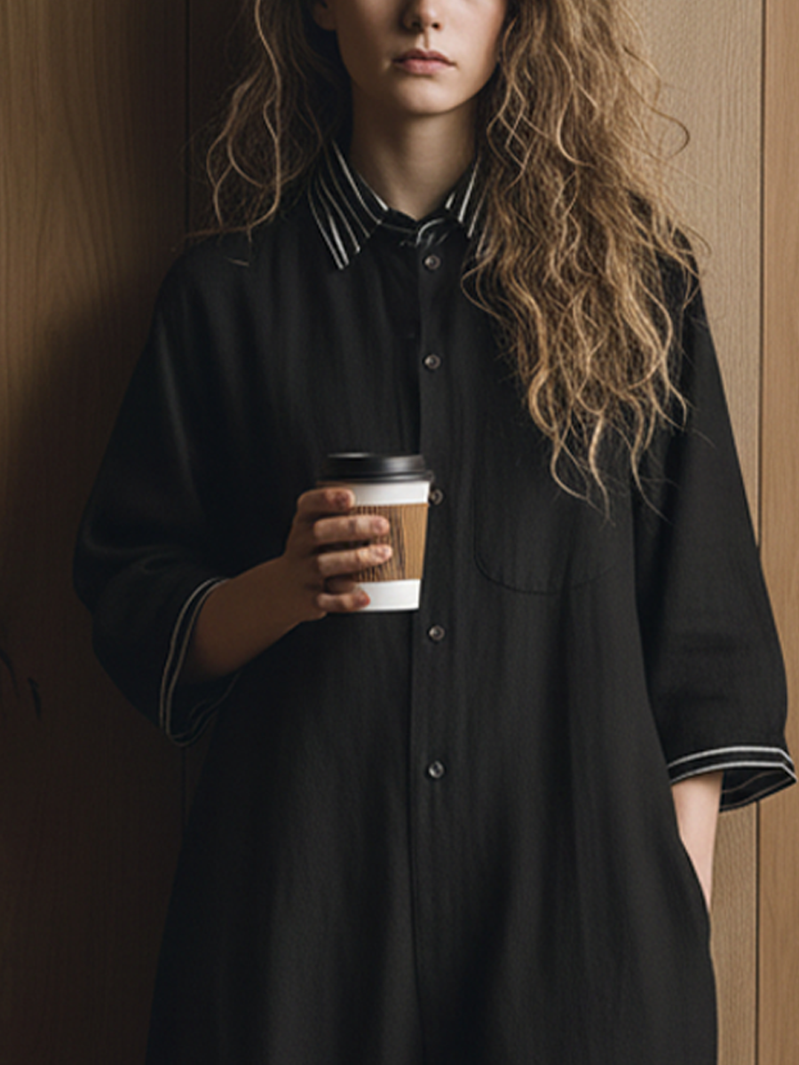 Women's Casual Style Black Cotton And Linen Striped Collared Short-Sleeved Capri Jumpsuit