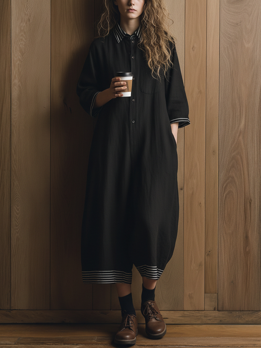 Women's Casual Style Black Cotton And Linen Striped Collared Short-Sleeved Capri Jumpsuit
