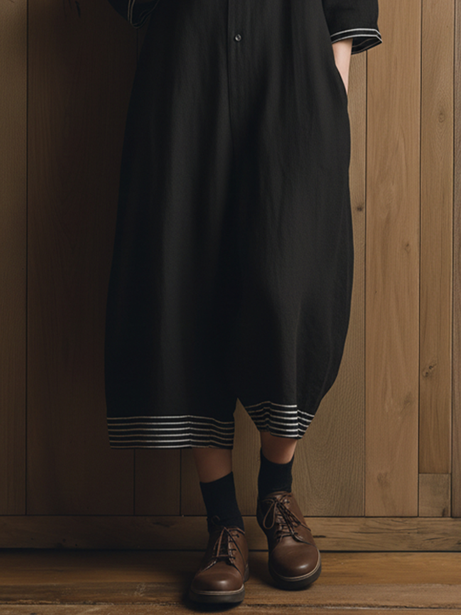 Women's Casual Style Black Cotton And Linen Striped Collared Short-Sleeved Capri Jumpsuit