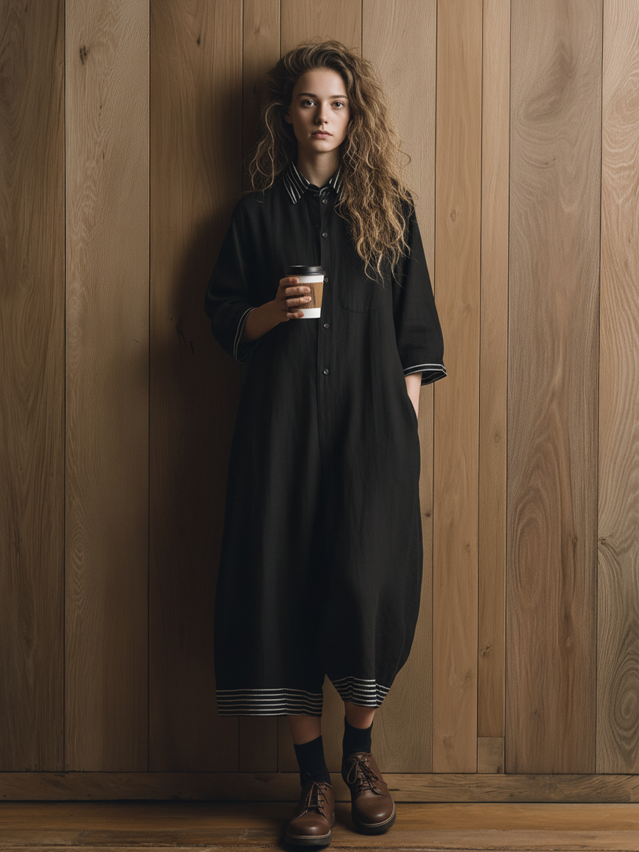 Women's Casual Style Black Cotton And Linen Striped Collared Short-Sleeved Capri Jumpsuit