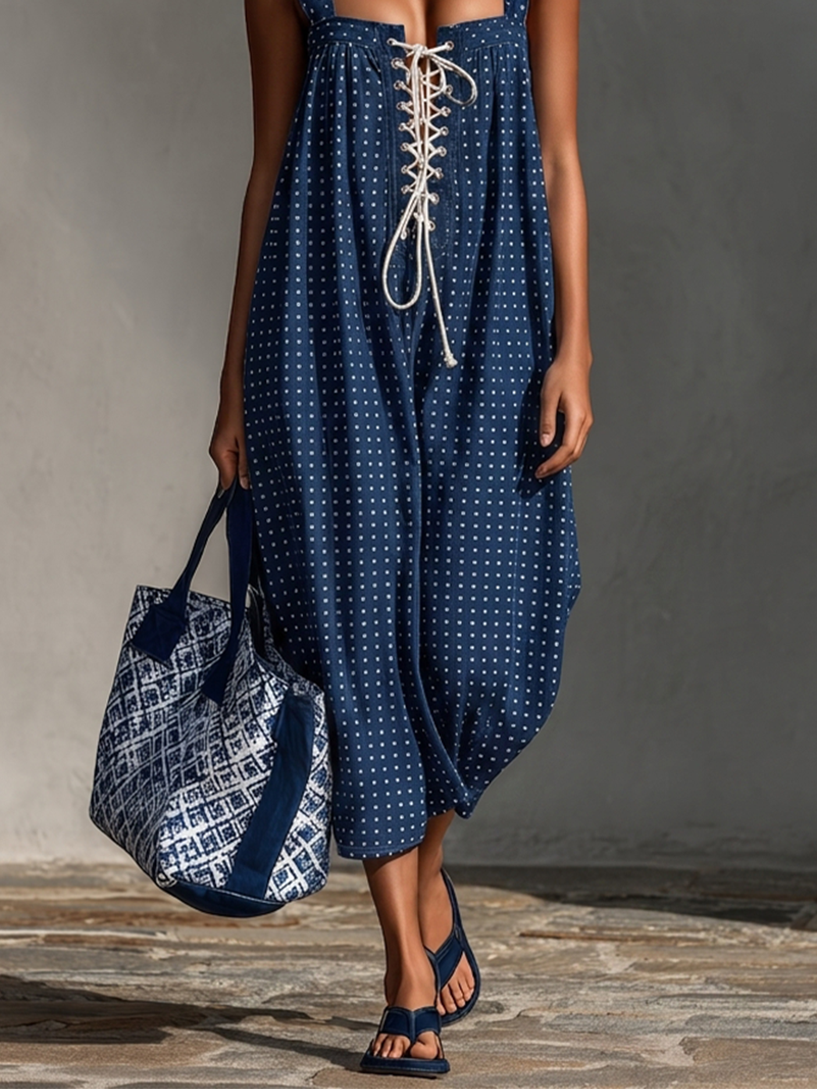 Women's Dark Blue Polka Dot Jumpsuit With Wide Straps & Relaxed Fit, Contemporary Vacation-Ready Loungewear