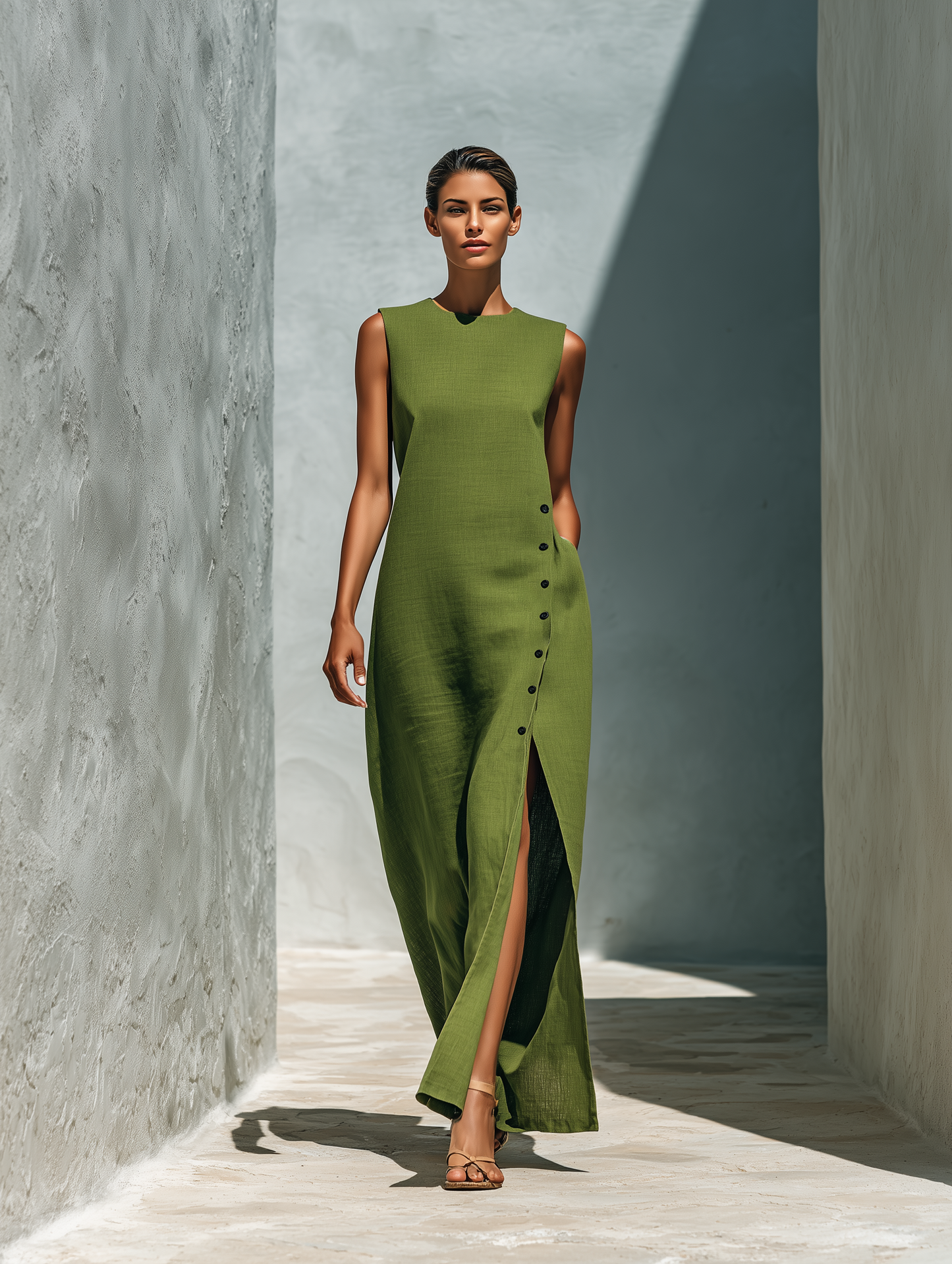 Women’s Olive Green Linen-Blend Sleeveless Round Neck Side Button Slit Maxi Dress With Pockets