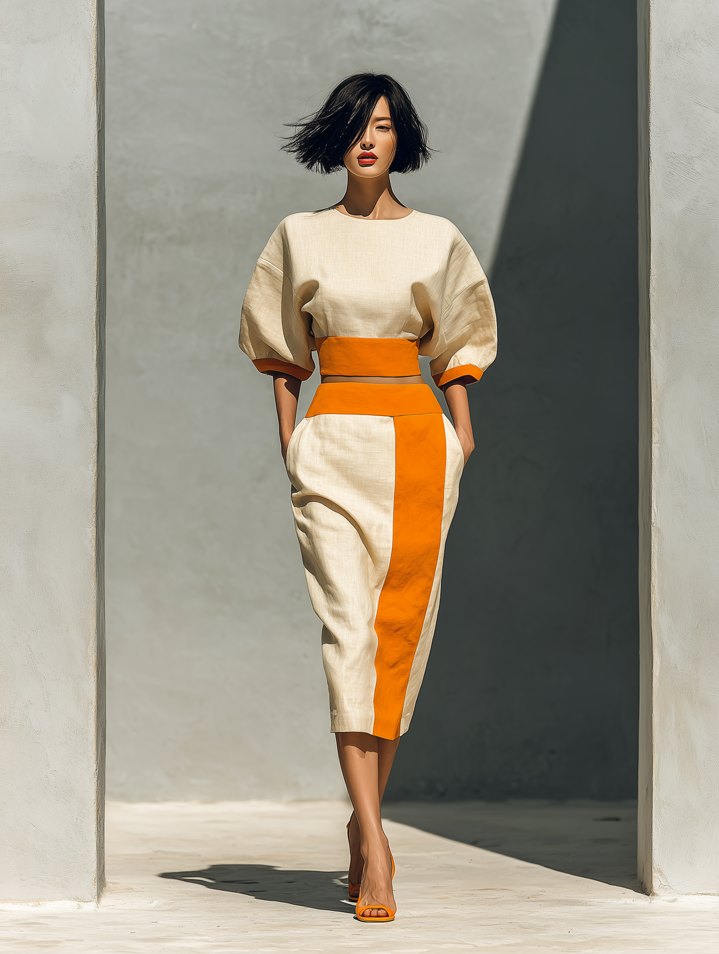 Women’s Beige & Orange Linen-Blend Two-Piece Set: Puff Sleeve Crop Top & Color Block Midi Skirt With Pockets