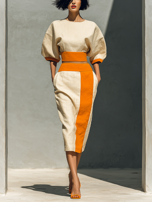 Women’s Beige & Orange Linen-Blend Two-Piece Set: Puff Sleeve Crop Top & Color Block Midi Skirt With Pockets