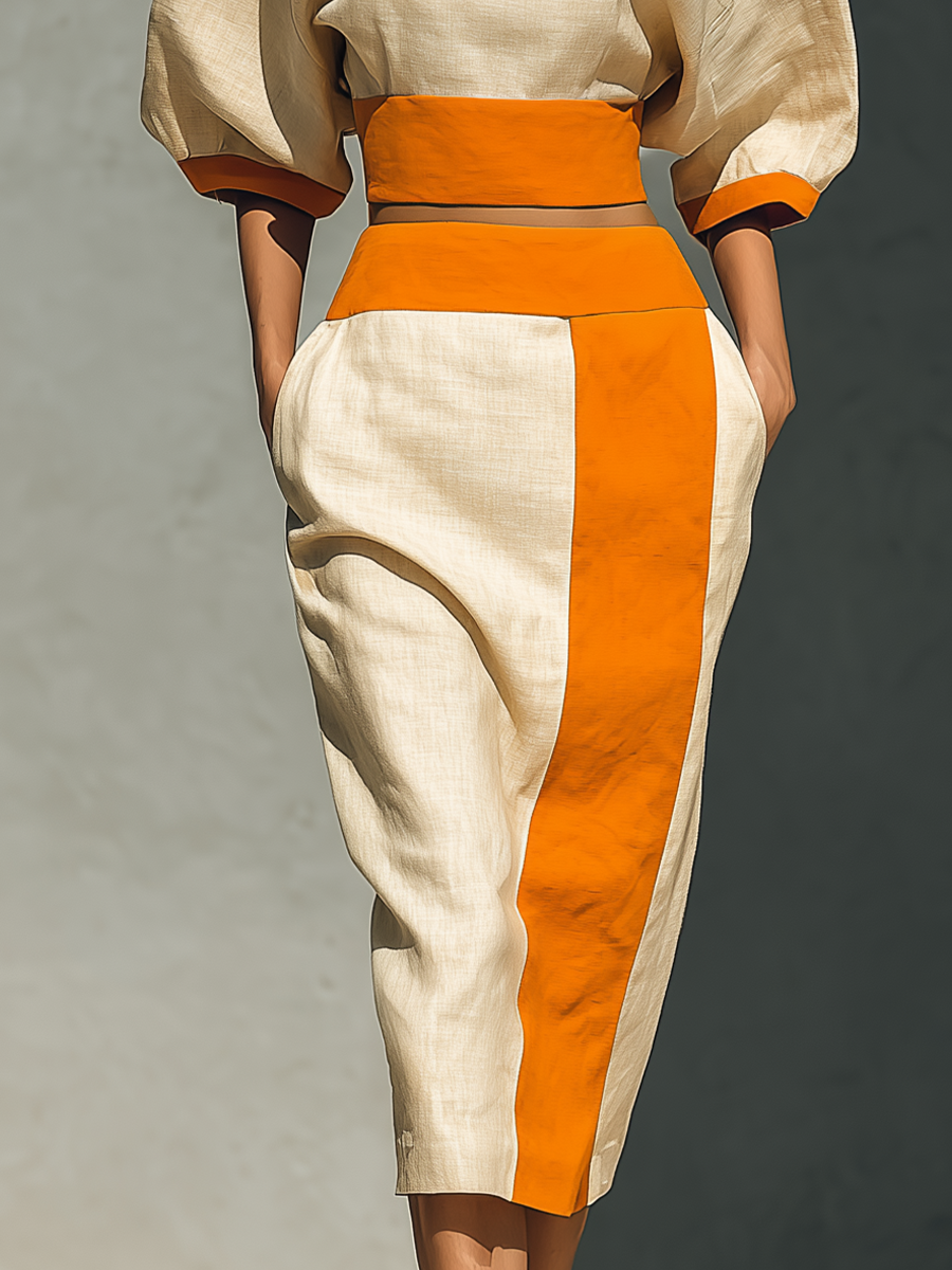Women’s Beige & Orange Linen-Blend Two-Piece Set: Puff Sleeve Crop Top & Color Block Midi Skirt With Pockets