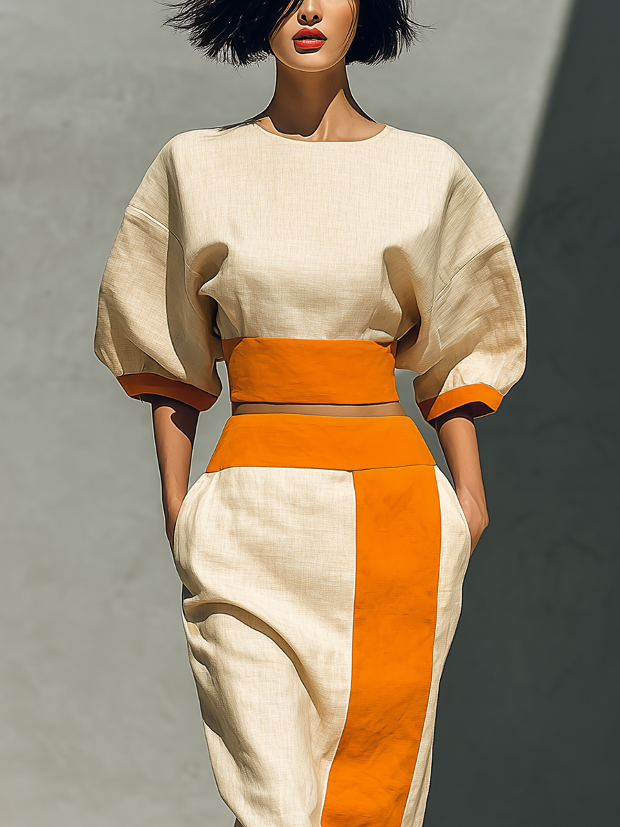 Women’s Beige & Orange Linen-Blend Two-Piece Set: Puff Sleeve Crop Top & Color Block Midi Skirt With Pockets