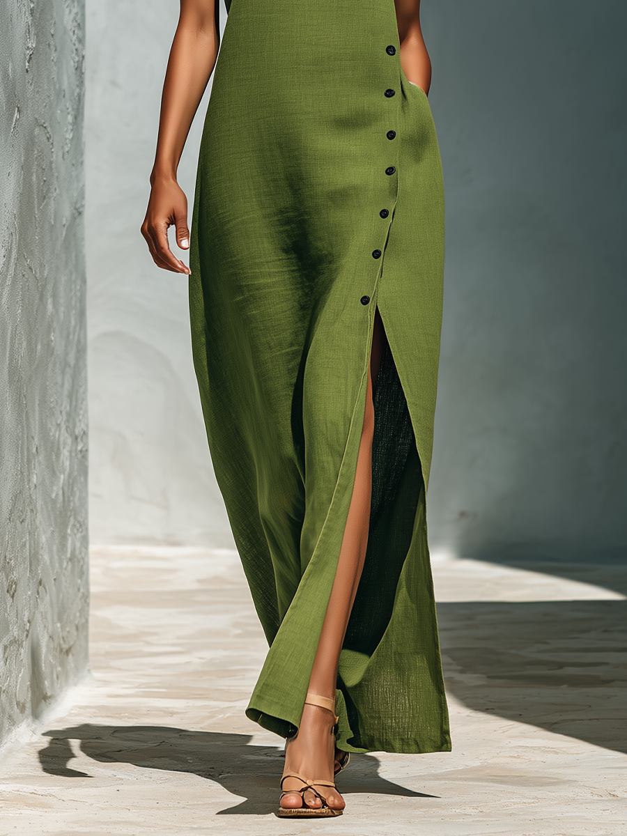 Women’s Olive Green Linen-Blend Sleeveless Round Neck Side Button Slit Maxi Dress With Pockets