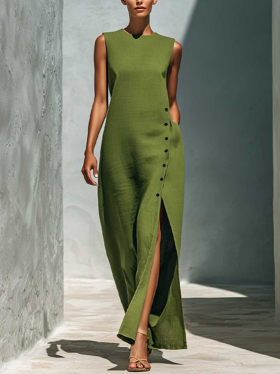 Women’s Olive Green Linen-Blend Sleeveless Round Neck Side Button Slit Maxi Dress With Pockets