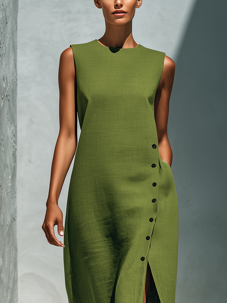 Women’s Olive Green Linen-Blend Sleeveless Round Neck Side Button Slit Maxi Dress With Pockets