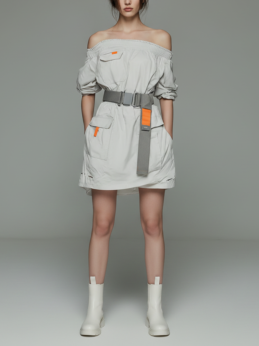 Women's Minimalist Techwear-Style Short Dress — Functional Design With Off-Shoulder Neckline And Elastic Waistband
