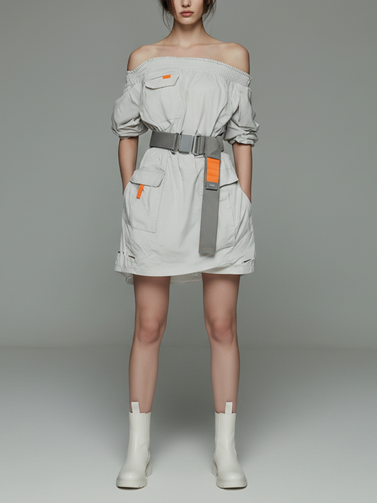 Women's Minimalist Techwear-Style Short Dress — Functional Design With Off-Shoulder Neckline And Elastic Waistband