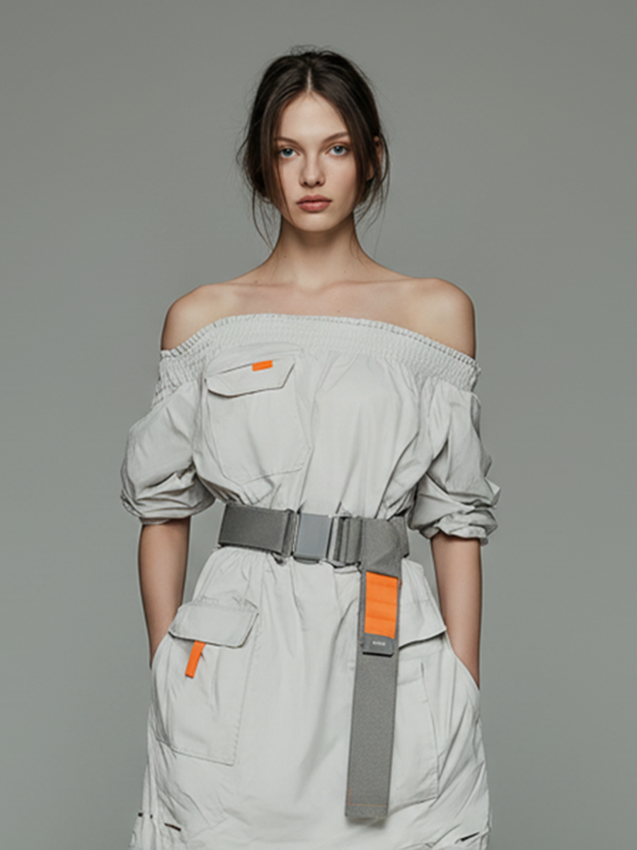 Women's Minimalist Techwear-Style Short Dress — Functional Design With Off-Shoulder Neckline And Elastic Waistband