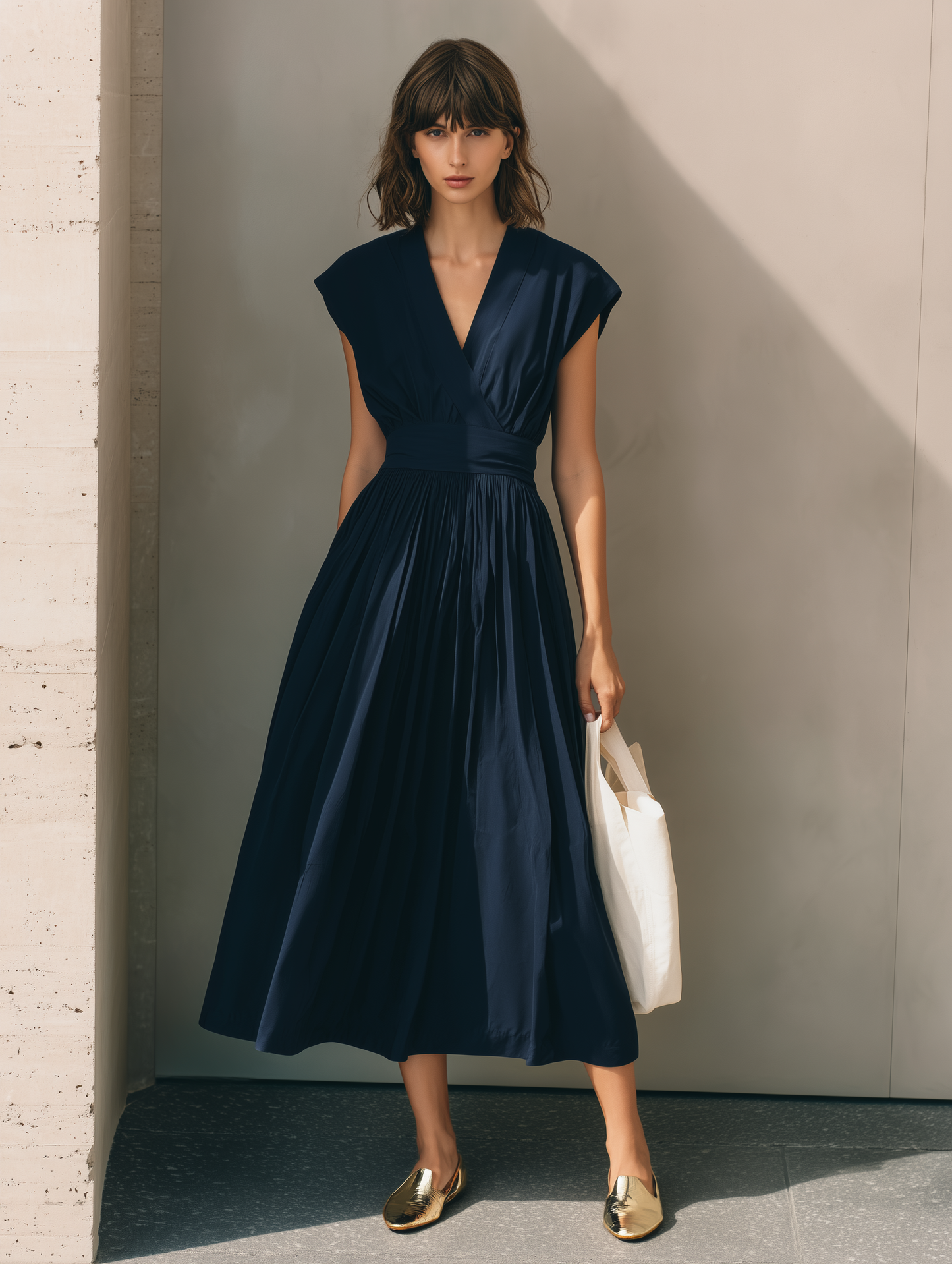 Women's Modern Minimalist French-Style Elegant Dress — V-Neck, X-Silhouette, Cinched Waist, Deep Navy Blue