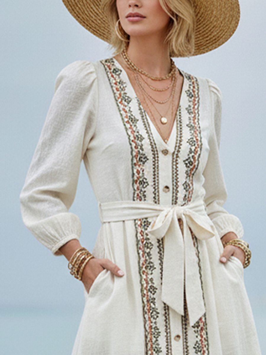 Women's Bohemian Off-White Linen-Cotton Embroidered Tie-Waist Maxi Dress