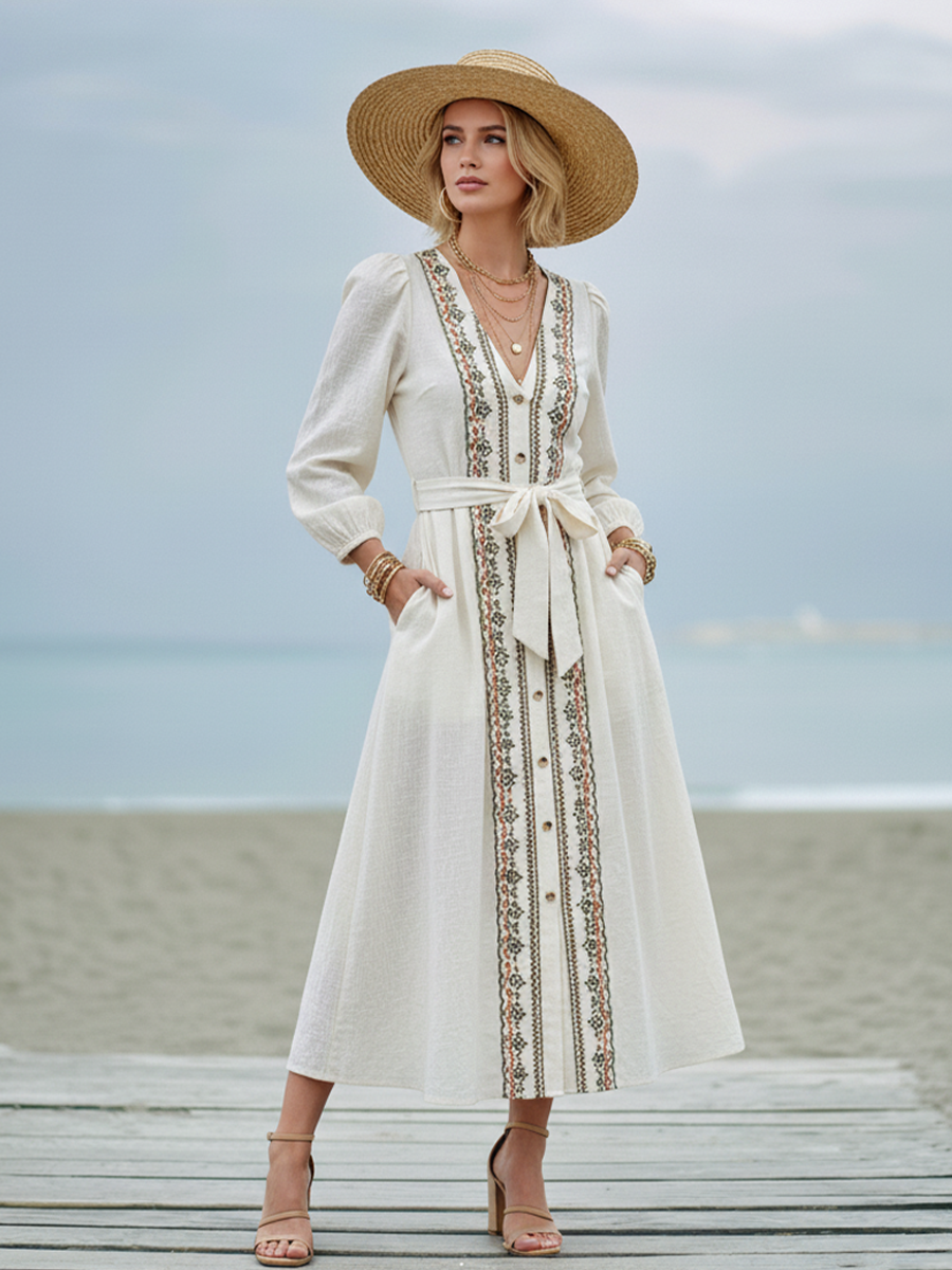 Women's Bohemian Off-White Linen-Cotton Embroidered Tie-Waist Maxi Dress