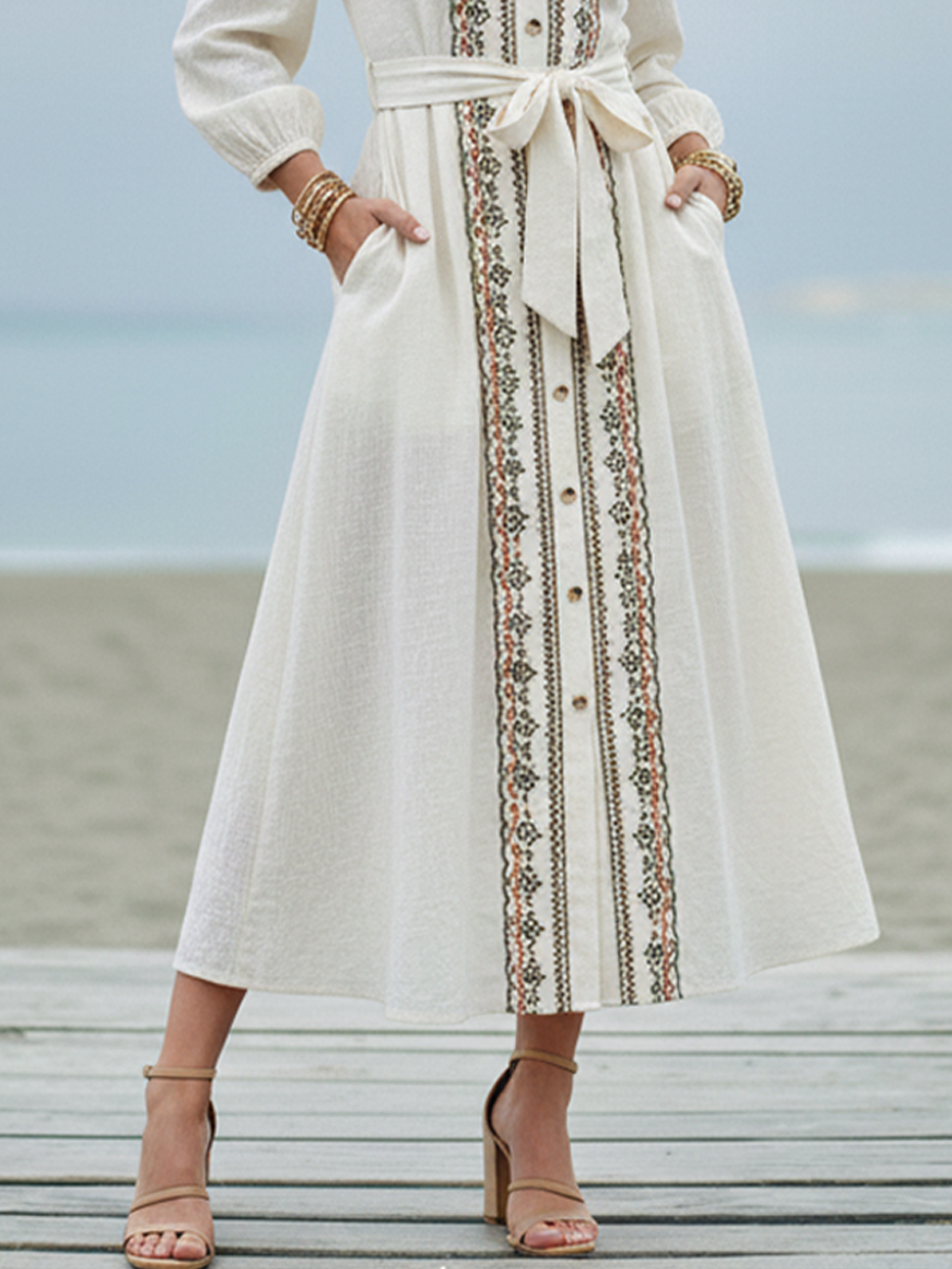 Women's Bohemian Off-White Linen-Cotton Embroidered Tie-Waist Maxi Dress
