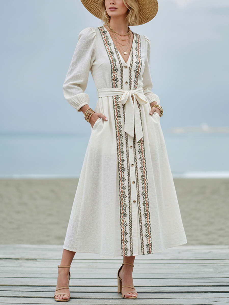 Women's Bohemian Off-White Linen-Cotton Embroidered Tie-Waist Maxi Dress