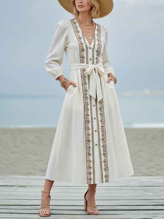 Women's Bohemian Off-White Linen-Cotton Embroidered Tie-Waist Maxi Dress