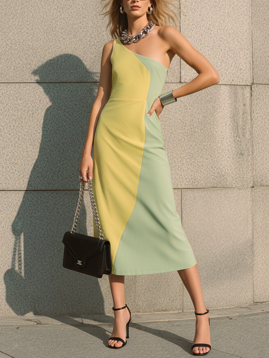 Women's Fashionable Yellow-Green Color-Blocked Knit Cotton Blend One-Shoulder Slim-Fit Midi Dress
