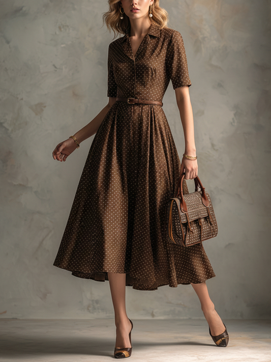 Women's Vintage Brown Cotton-Blend Polka Dot Waisted Shirt Midi Dress