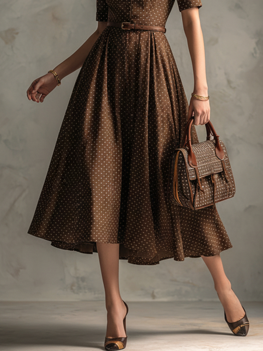 Women's Vintage Brown Cotton-Blend Polka Dot Waisted Shirt Midi Dress