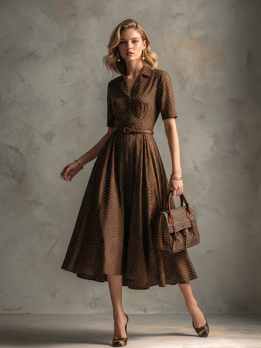 Women's Vintage Brown Cotton-Blend Polka Dot Waisted Shirt Midi Dress