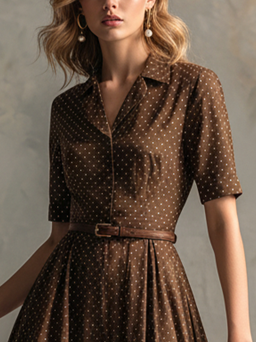 Women's Vintage Brown Cotton-Blend Polka Dot Waisted Shirt Midi Dress