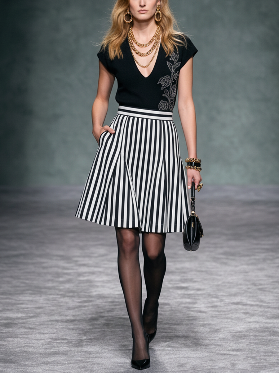 Women's Luxury Black & White Cotton-Blend Paneled Embroidered V-Neck Mini Dress