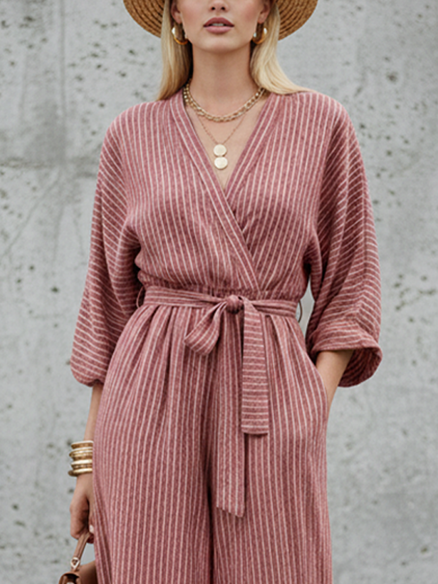 Women's Casual Dusty Pink And White Linen-Cotton Striped V-Neck Waisted Wide-Leg Jumpsuit