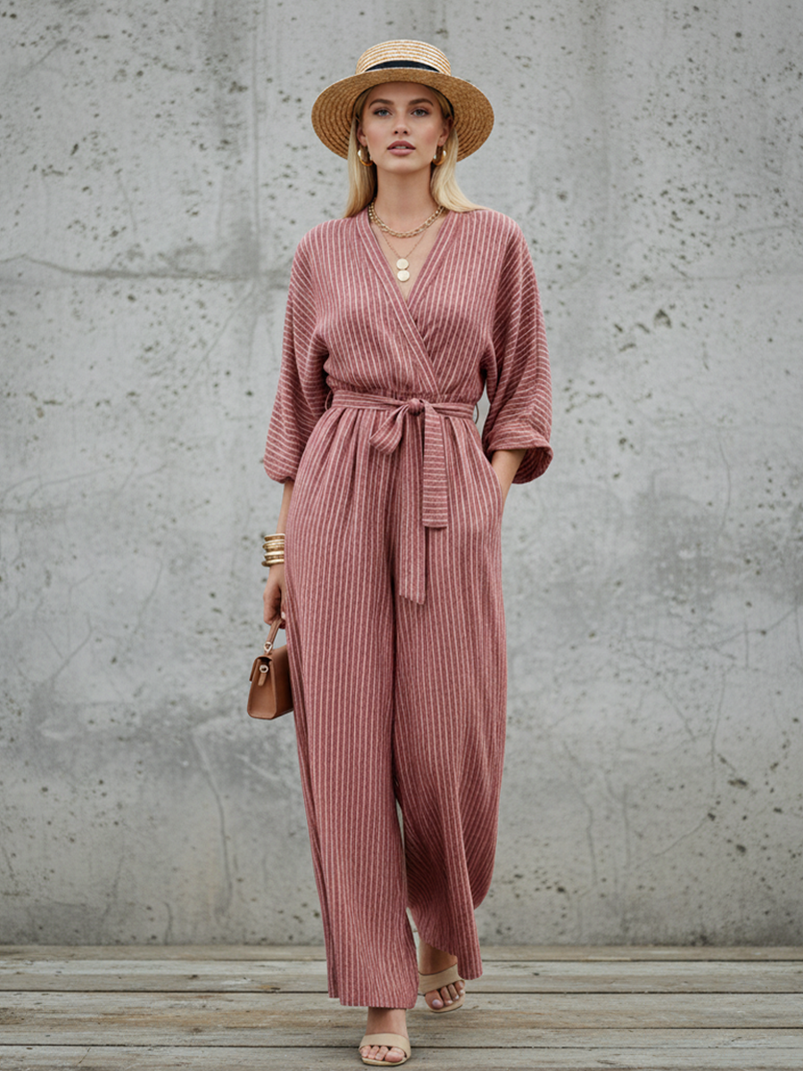 Women's Casual Dusty Pink And White Linen-Cotton Striped V-Neck Waisted Wide-Leg Jumpsuit
