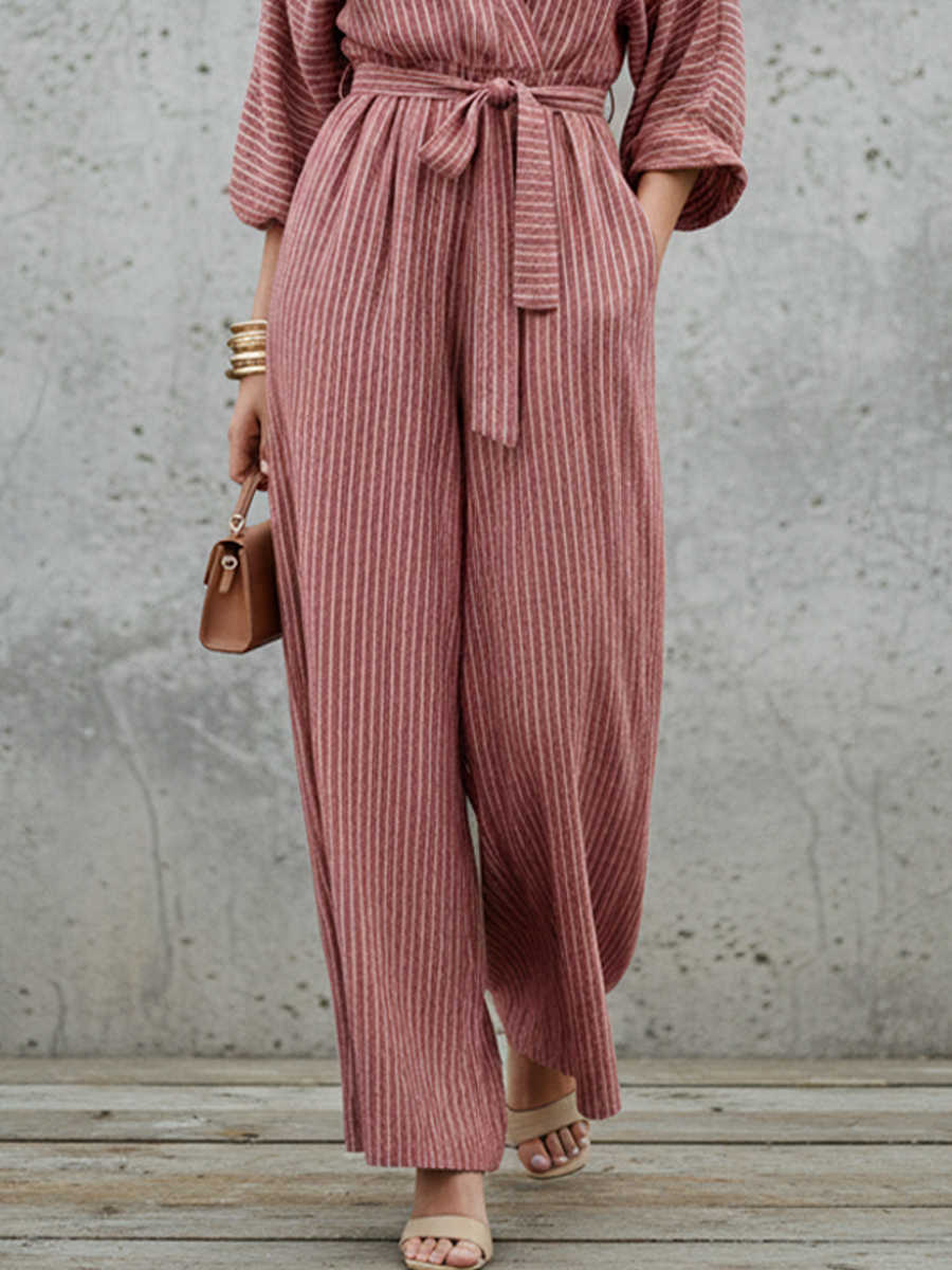 Women's Casual Dusty Pink And White Linen-Cotton Striped V-Neck Waisted Wide-Leg Jumpsuit