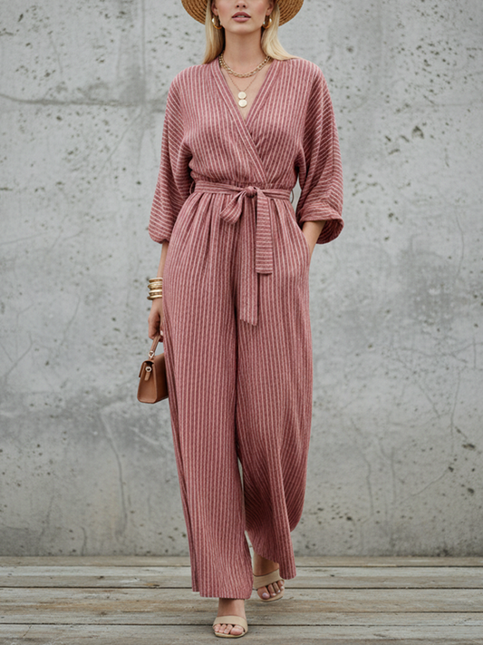 Women's Casual Dusty Pink And White Linen-Cotton Striped V-Neck Waisted Wide-Leg Jumpsuit