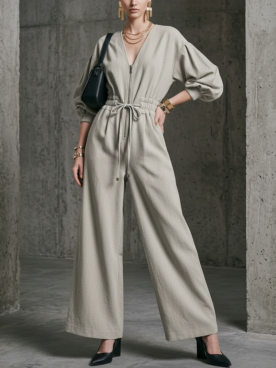 Women's Commuter Light Gray Linen-Cotton Zip-Up Waisted Wide-Leg Jumpsuit