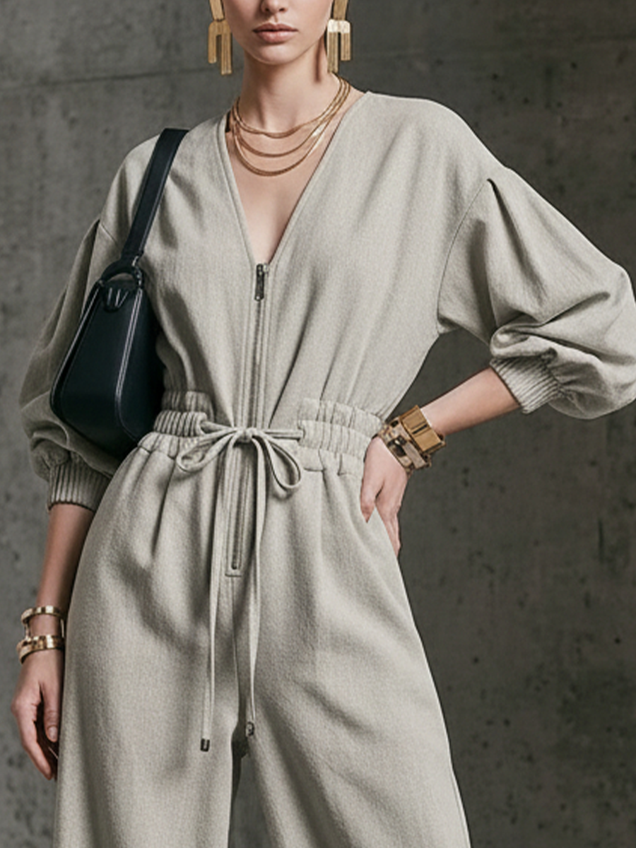 Women's Commuter Light Gray Linen-Cotton Zip-Up Waisted Wide-Leg Jumpsuit