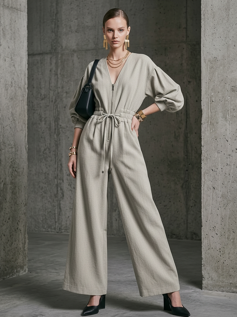 Women's Commuter Light Gray Linen-Cotton Zip-Up Waisted Wide-Leg Jumpsuit