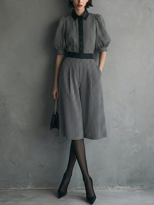 Women's Vintage Black & Gray Cotton-Blend Striped Color-Blocked Collared Waisted Culotte Jumpsuit