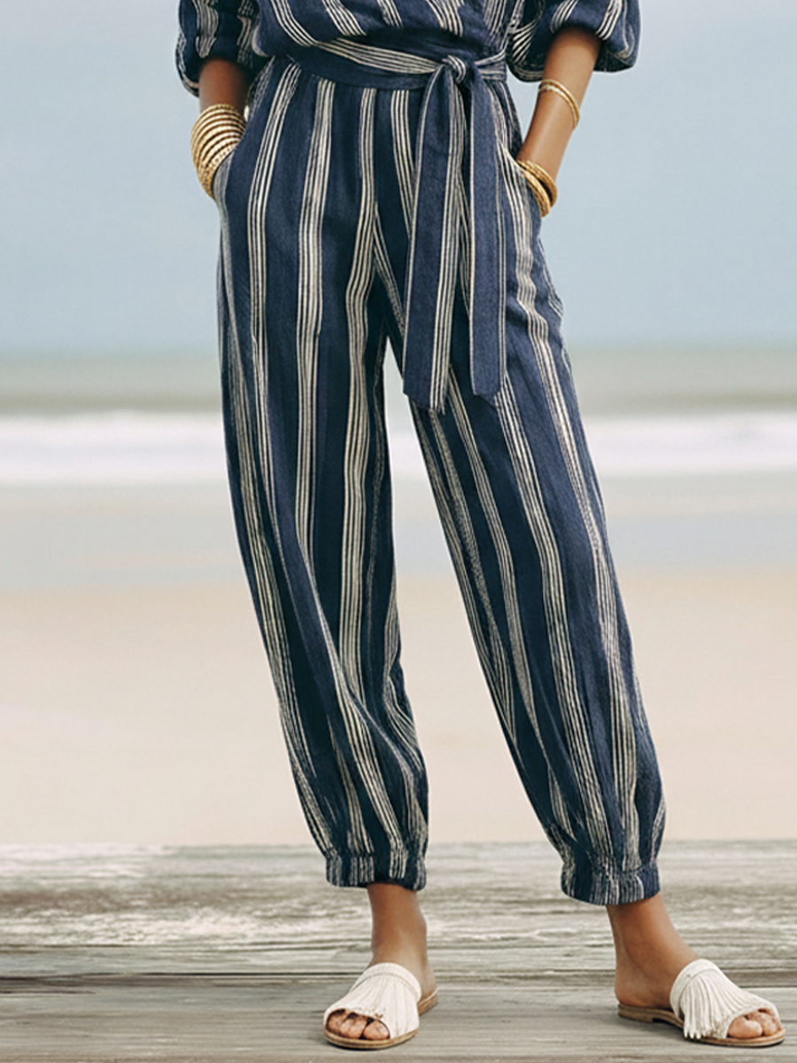 Women's Vacation Navy Blue Linen-Cotton Striped Collared Waisted Cuffed Jumpsuit